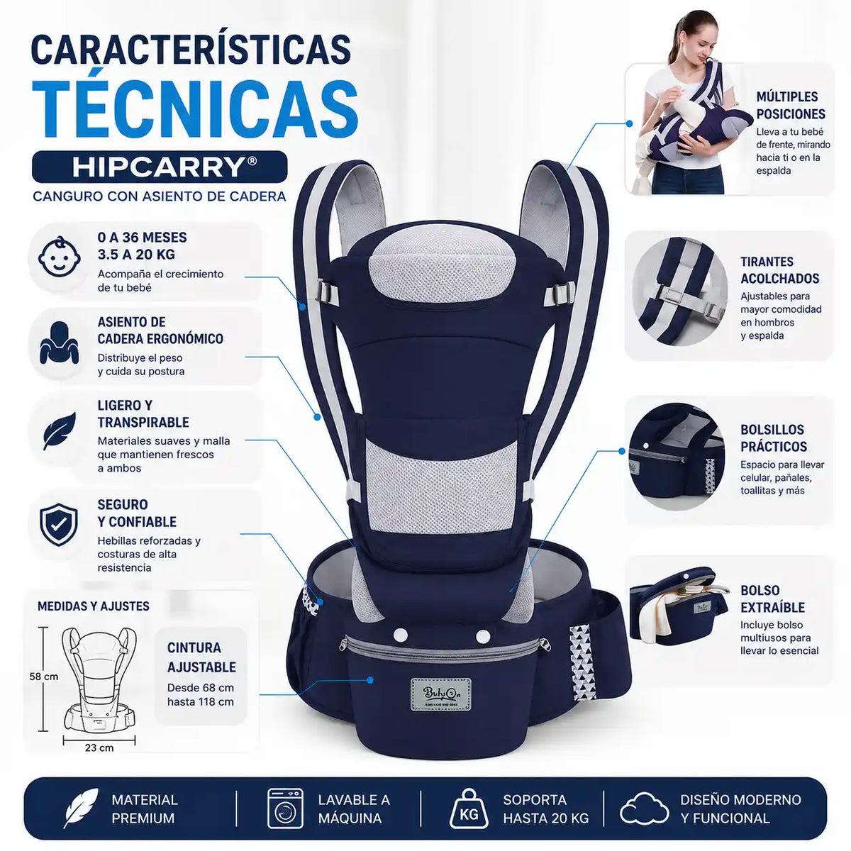 HipCarry® | Canguro Porta Bebé con Asiento de Cadera