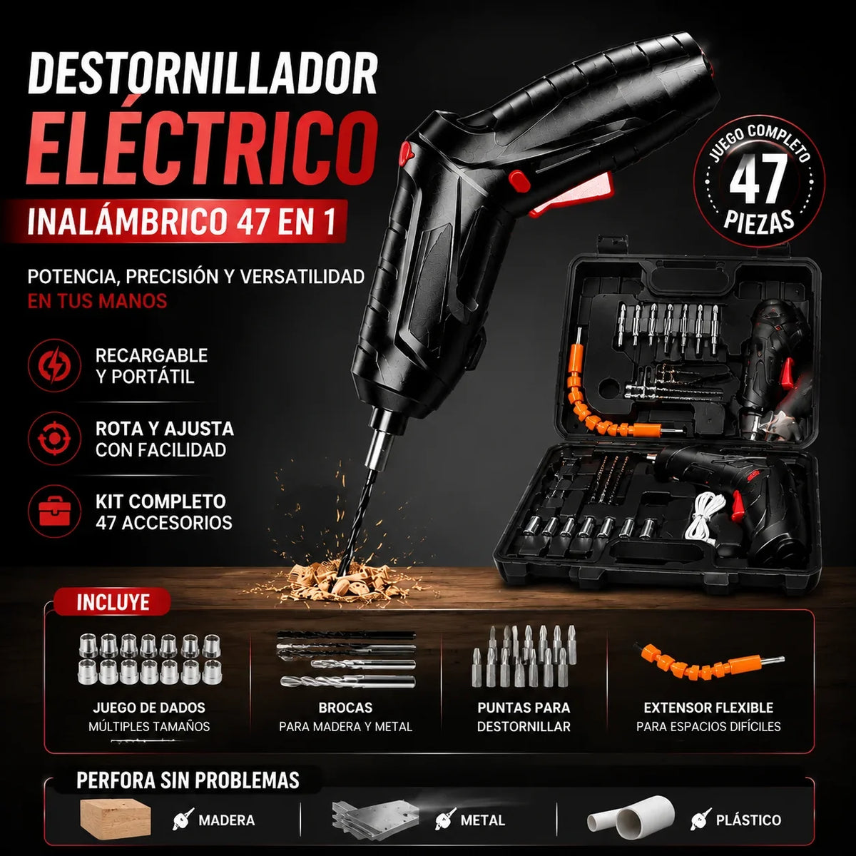 EifMaster® Taladro Destornillador Portátil Alemán + Kit 47 piezas y extensor GRATIS