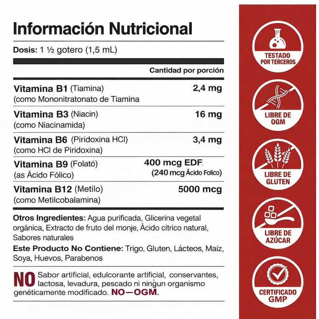 Fórmula B - Complejo B12 B6 B1 Sublingual para Sistema nervioso y Energia